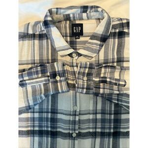 Gap‎ Shirt Mens XXL Untucked Flannel Button Front Shirt Blue White